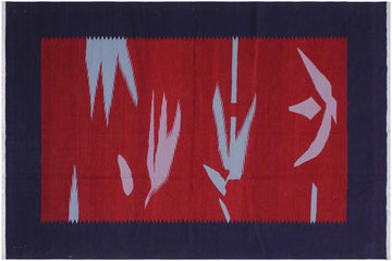 Flat Weave Kilim, Antique, Navaho, Vintage, Handmade, Modern Kilim Blue Red Hand-Woven Rectangle 100% Wool Area Rug 6 x 9